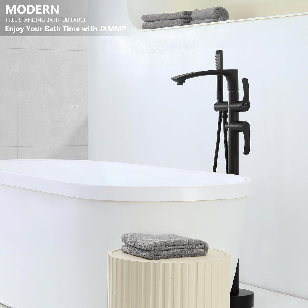 Freestanding Bathtub Faucets, Matte Black Stainless Steel Floor Mount Tub Filler with 360 Swivel Spout and Handheld Shower, High Flow Bathtub Faucet Set JXM-F001BK