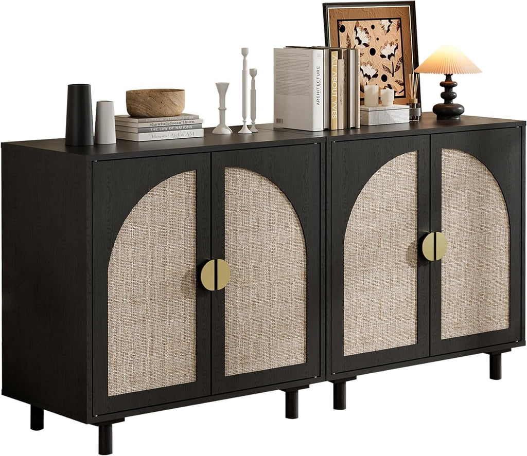 Modern Rattan Storage Sideboard Cabinet, Black Wood Buffet with Magnetic Latch, Adjustable Shelf. [2Pcs, Black]