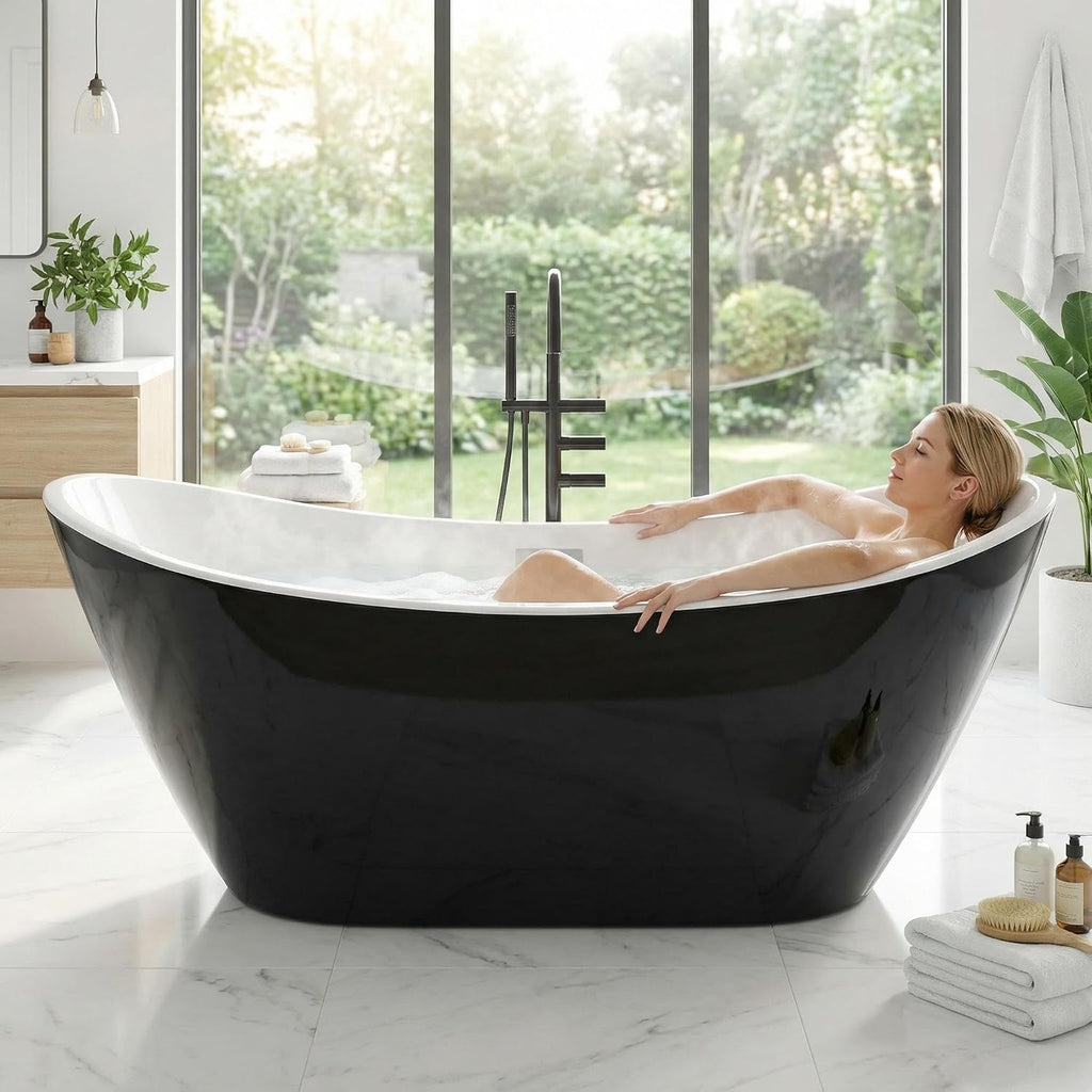 GarveeLife 59 Inch Freestanding Bathtub, Black and White Soaking Tub, Modern Acrylic Standalone Soaker with Matte Black Overflow & Pop-Up Drain, Two-Tone Finish