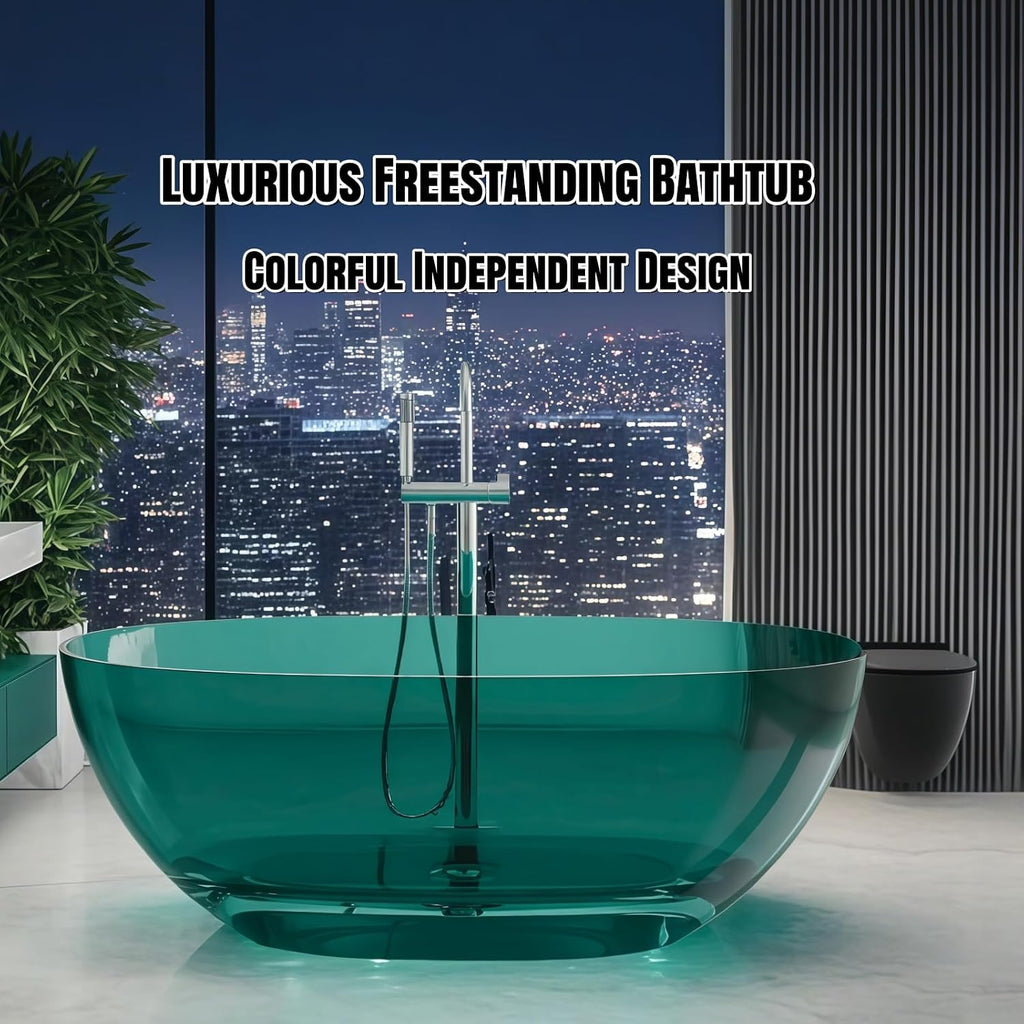 51' Edeyeu Freestanding Bathtub - Luxury Natural Resin Solid Surface Bathtub, Crystal Translucent Extra Deep Soaking Tub, High-End Stand Alone Free Standing Tub For Modern Bathroom Design Green