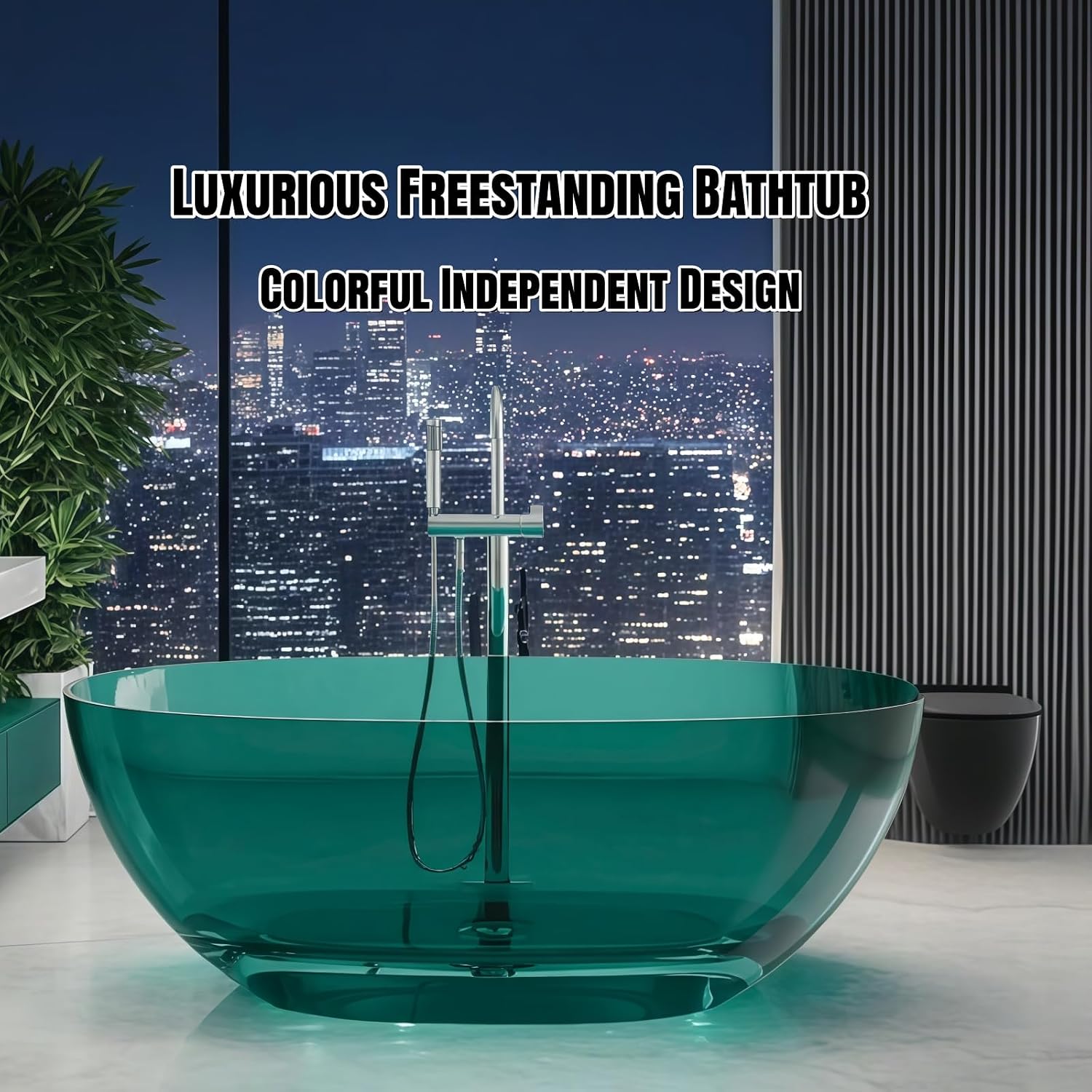 55' Edeyeu Freestanding Bathtub - Luxury Natural Resin Solid Surface Bathtub, Crystal Translucent Extra Deep Soaking Tub, High-End Stand Alone Free Standing Tub For Modern Bathroom Design Blue C