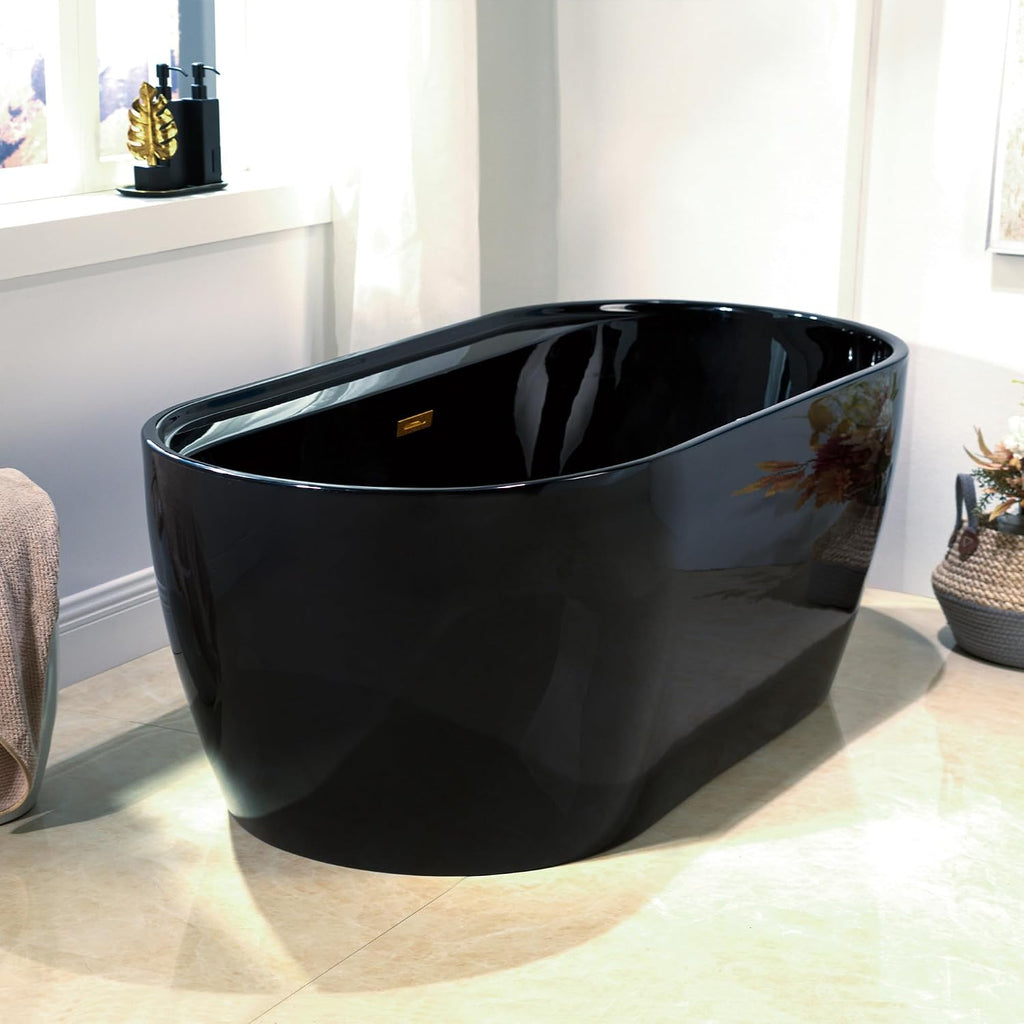 WOODBRIDGE 59' L x 31-1/2' W Freestanding Contemporary Acrylic Soaking Bathtub in Glossy Black Inside and Outside with Brushed Gold Drain & Overflow,B8864-BG