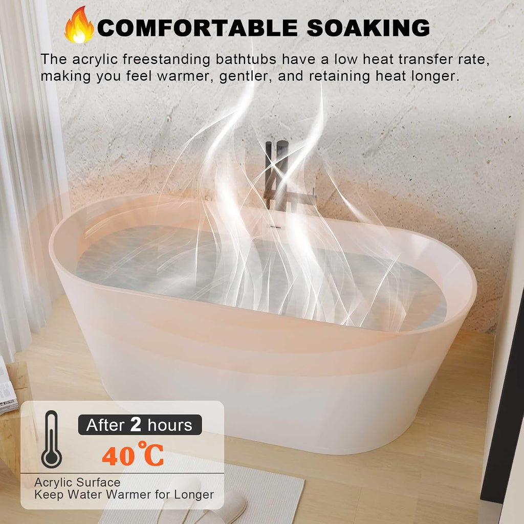 59' Oval Freestanding Soaking Bathtub with Toe-Tap Chrome Drain, Stand Alone Tub, Acrylic Soaking Tub, Ergonomic (Gloss White, 59')