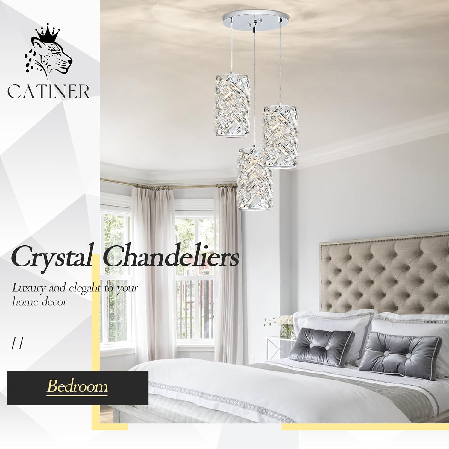 CATINER 3-Light Modern Crystal Pendant Light, Chrome Mini Chandelier – Adjustable Cluster Pendant Lighting Fixture for Kitchen Island, Dining Room, Bedroom, Hallway, Porch
