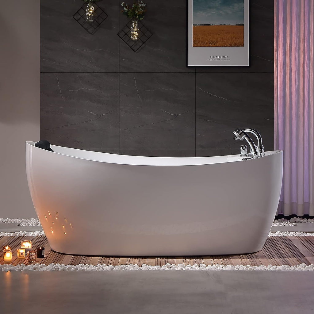 67 in. Acrylic Freestanding Bath Tub Hydromassage Gracefully Oval Shaped 7 Water Jets Soaking SPA, Single-Ended Massage Bathtubs with Pillow, White