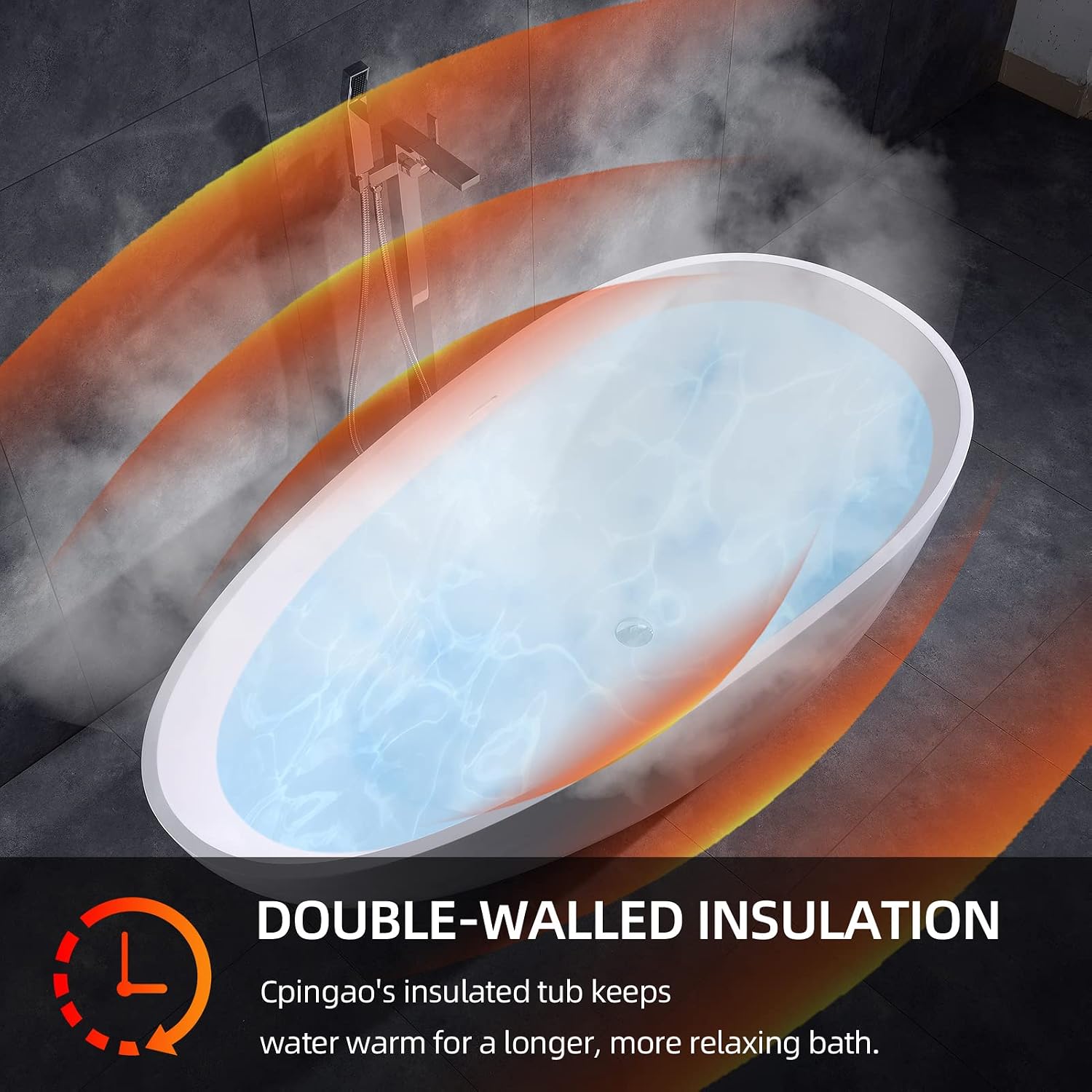 Cpingao 55' Stone Resin Bathtub Freestanding Bathtub, Egg Oval Shaped Matte White Solid Surface Soaking Bathtub, Modern Stand Alone Tub with Overflow and Pop-up Drain 8802-1400