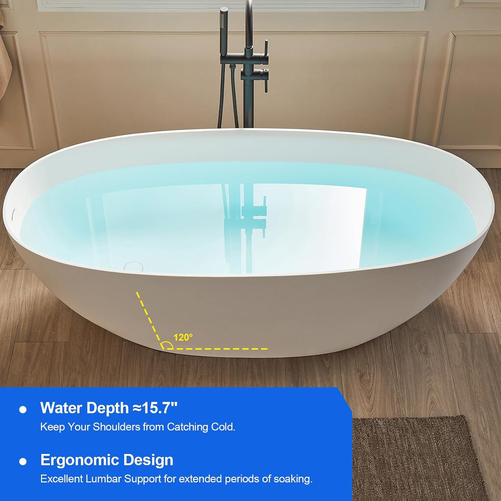 Cpingao 55' Stone Resin Freestanding Bathtub, Oval Contemporary Soaking Tubs, Solid Surface Stand Alone Tub with Drain & Integrated Slotted Overflow Matte White 8845-1400