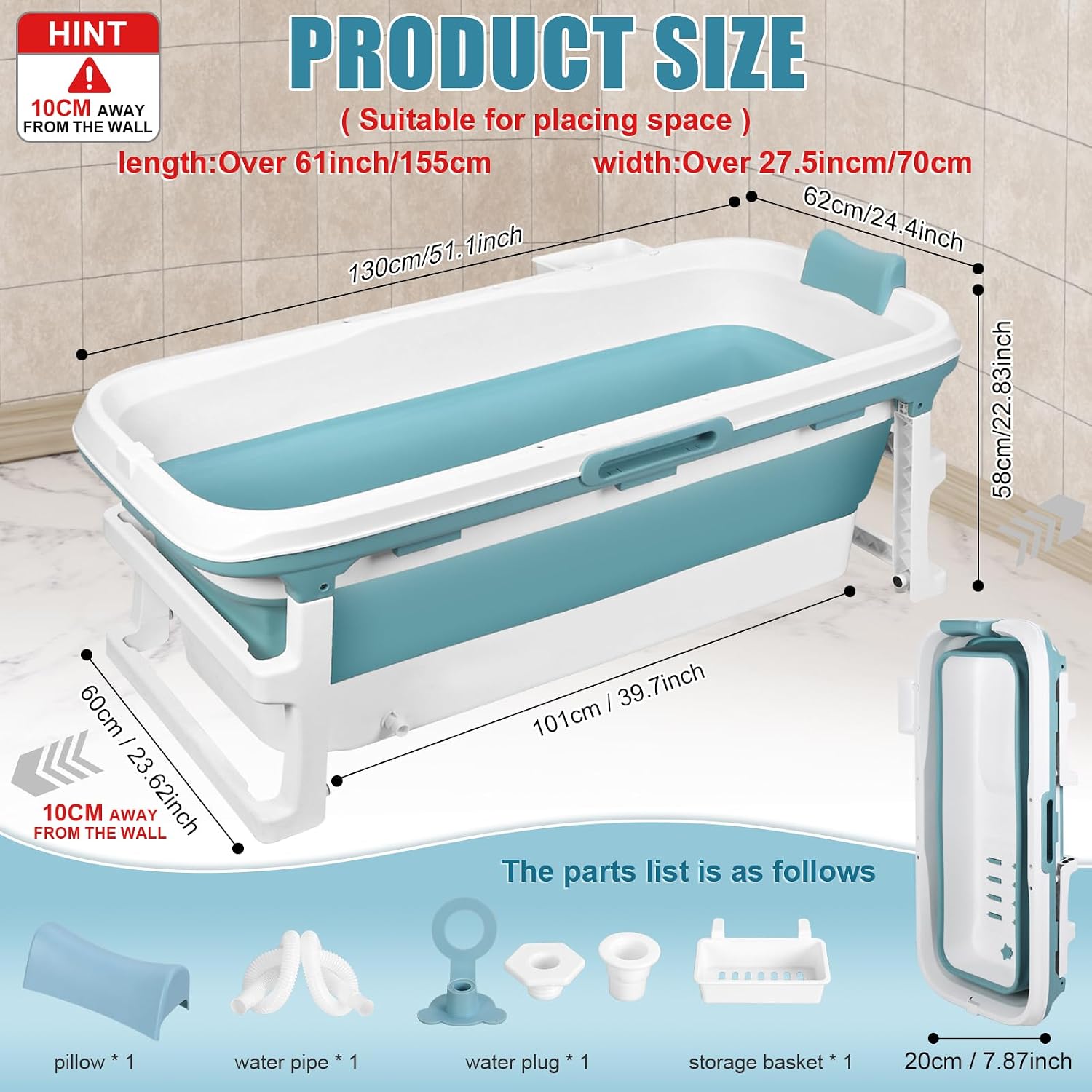 51 Inch Foldable Bathtub for Adults, Large Portable Tub for Shower, Effortless Collapsible Bathtub Adult for Spacious Bathrooms & Outdoor Use, Ideal for Ice Baths & Hot Baths (Blue-Green, 51 Inch)