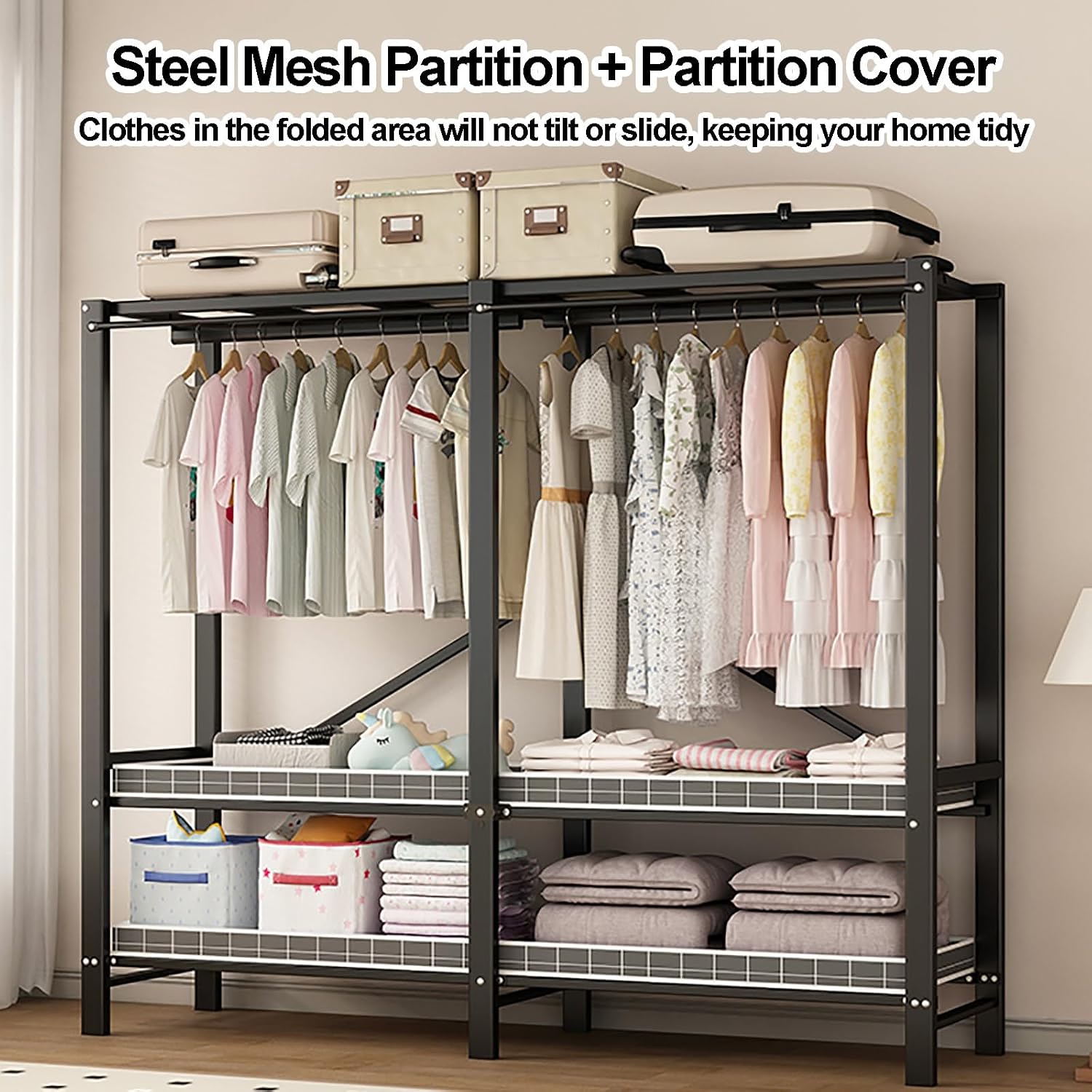 Portable Wardrobe Closet With Cover, Foldable Clothes Rack For Hanging Clothes, Metal Garment Rack, Curtain Clothing Coat Organizer, For Bedroom(110cm/43.3inch)