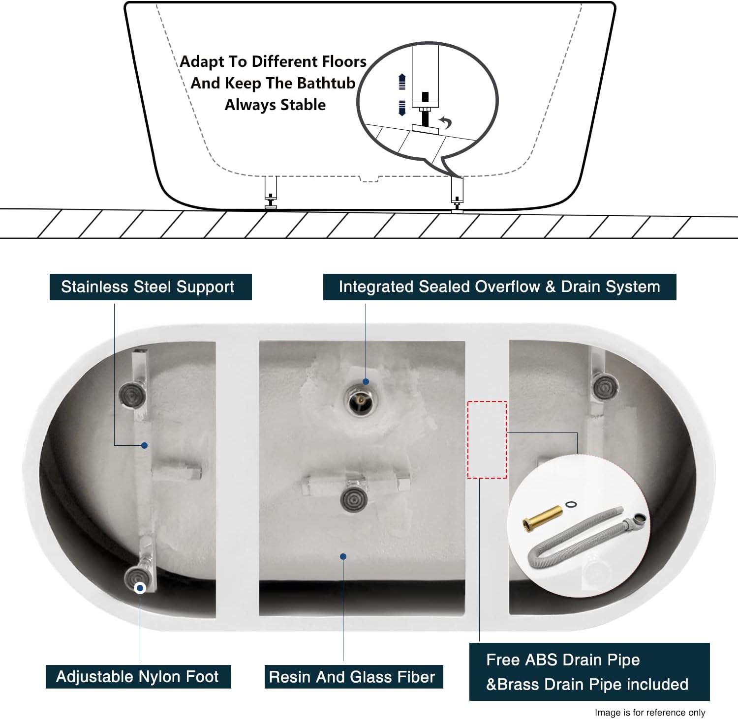 FerdY Shangri-La 67' Acrylic Freestanding Bathtub, Classic Oval Shape Acrylic Soaking Bathtub with Brushed Nickel Drain & Back Scrubber for Shower,Long Handled Loofah on a Stick, Body Brush