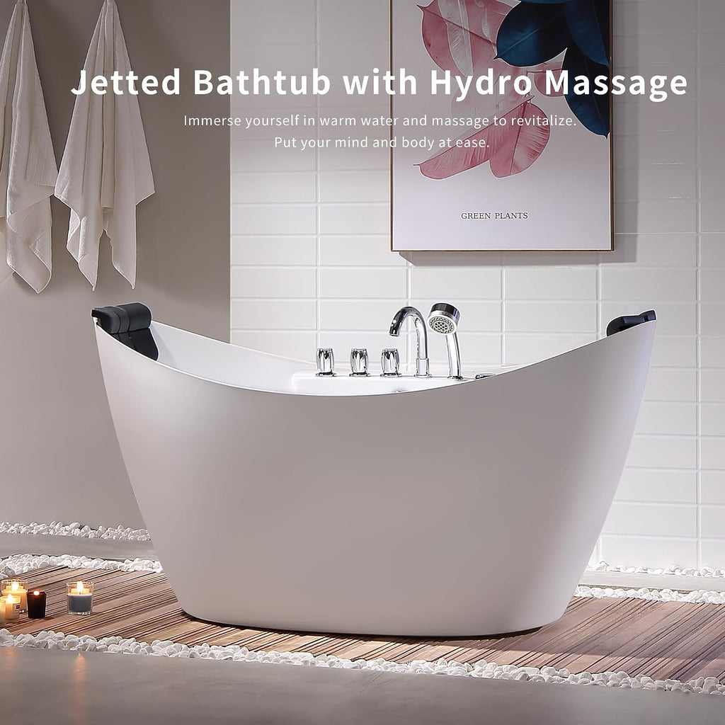 Empava 67' Freestanding Whirlpool Bathtub Oval with 8 Hydromassage Adjustable Water Jets Luxury Acrylic Massage SPA Soaking Bath Tub in White Double Ended