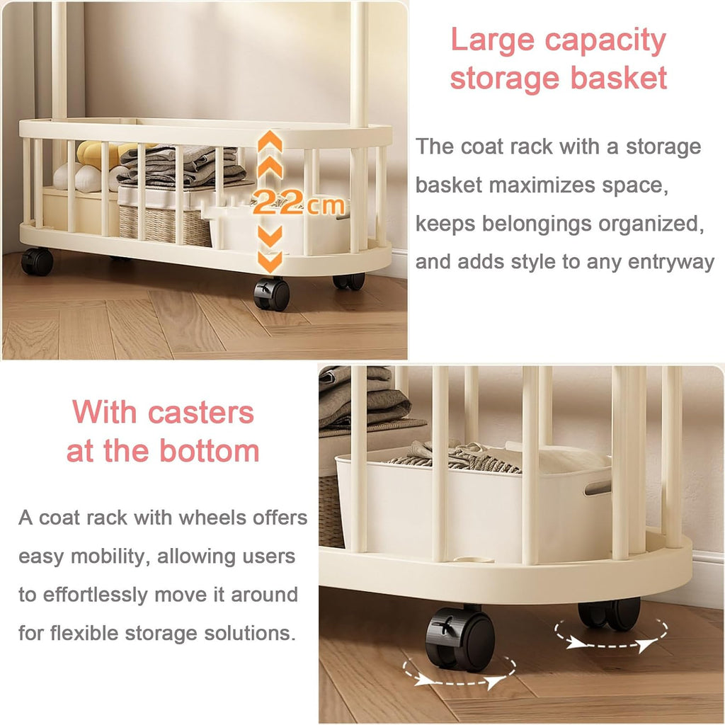 Rolling Clothes Rack With Wheels,Storage Basket,4 Hooks,Freestanding Garment Racks Hanger Stand,Coat Rack,Metal Organizer For Entryway Bedroom Living Room(White,60cm(23.6in))