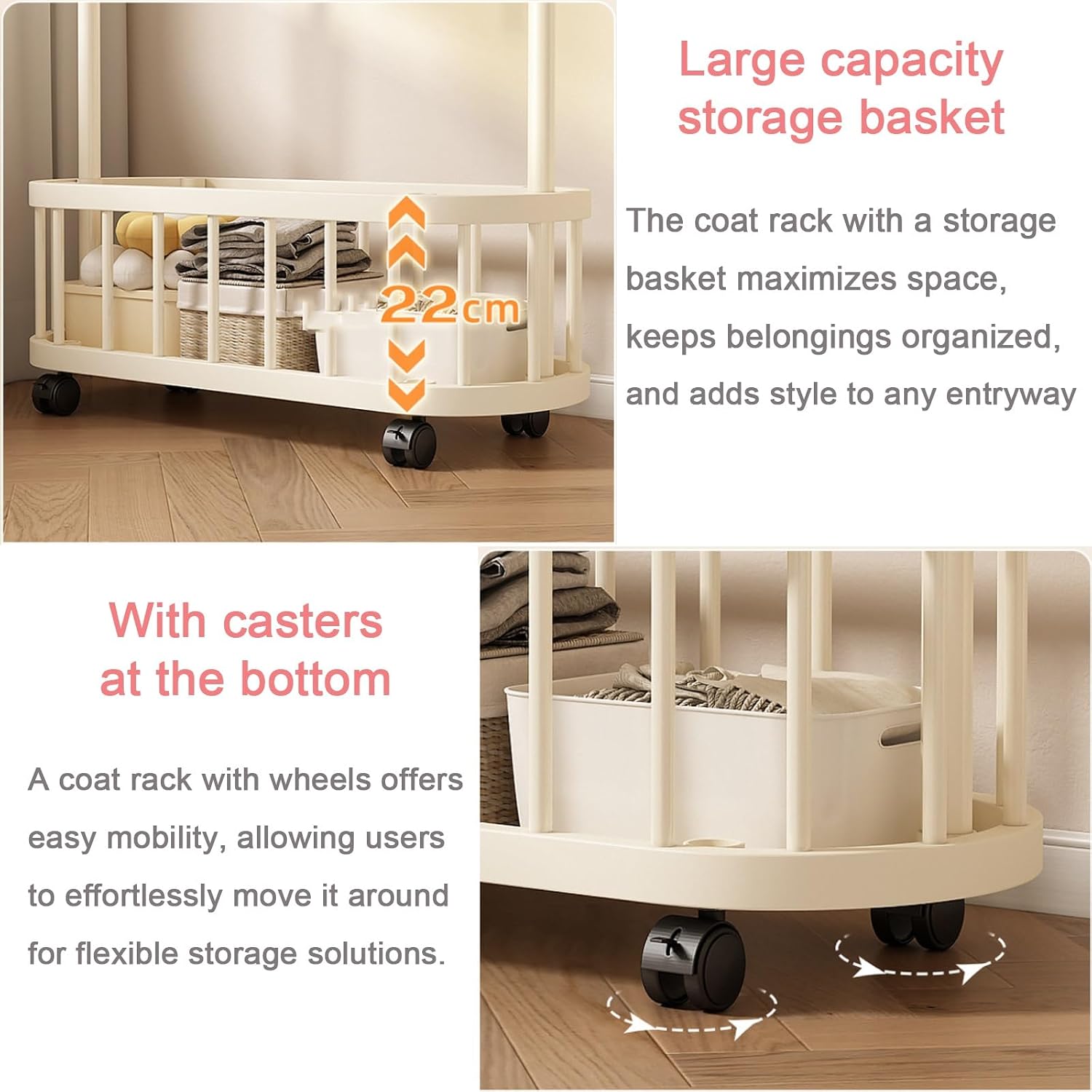 Rolling Clothes Rack With Wheels,Storage Basket,4 Hooks,Freestanding Garment Racks Hanger Stand,Coat Rack,Metal Organizer For Entryway Bedroom Living Room(White,60cm(23.6in))