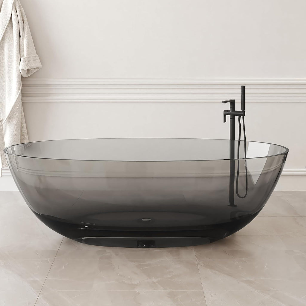 Stone Resin Freestanding Bathtub 71', Elegant Oval Shape Soaking Tub, Solid Surface Stand Alone Bathtub with Drain & Integrated Slotted Overflow Transparent Grey AMFS303-1800 Grey