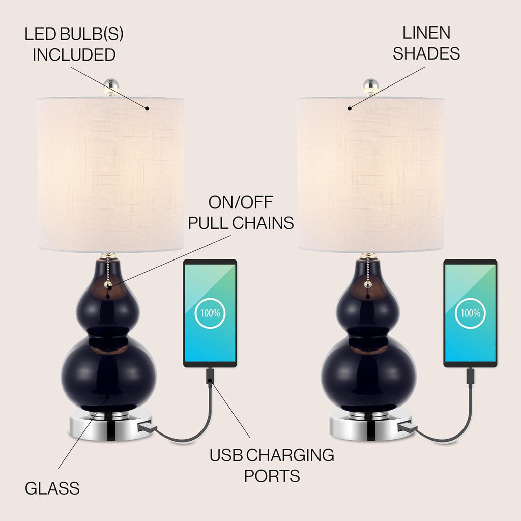 JONATHAN Y 22' Chrome/Navy Cora Glass Table Lamp Set of 2 with USB Charging Port, Classic Bedside Nightstand Lamps for Living Room, White Linen Shade, LED Bulb (JYL1125B-SET2)