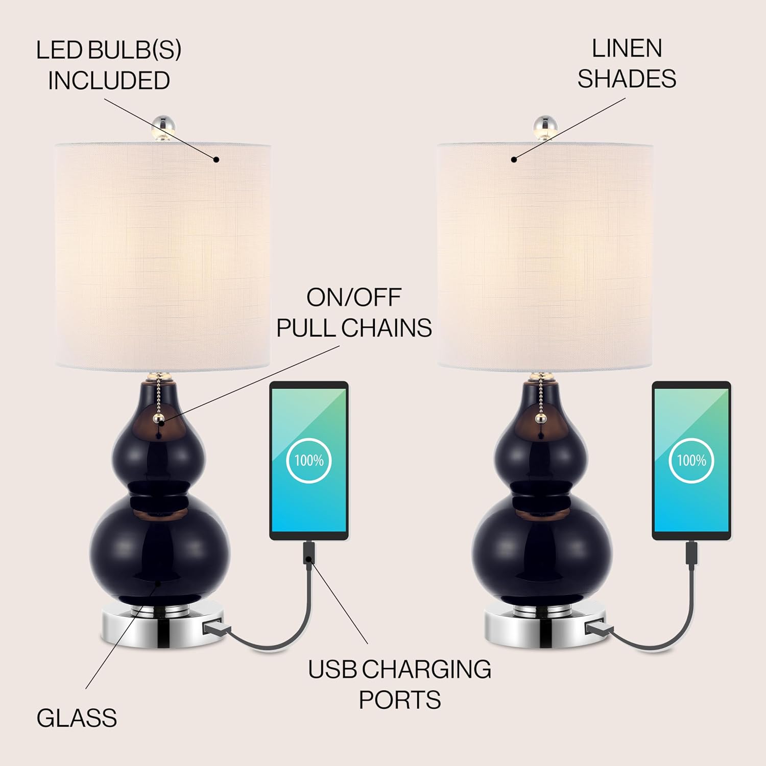 JONATHAN Y 22' Chrome/Navy Cora Glass Table Lamp Set of 2 with USB Charging Port, Classic Bedside Nightstand Lamps for Living Room, White Linen Shade, LED Bulb (JYL1125B-SET2)