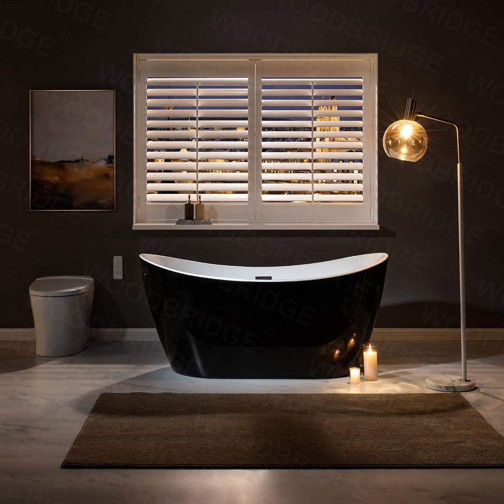WOODBRIDGE 59' Acrylic Freestanding Bathtub Contemporary Soaking Tub, Black Acrylic(Brushed Nickel Drain/Overflow),BTA1816-BN