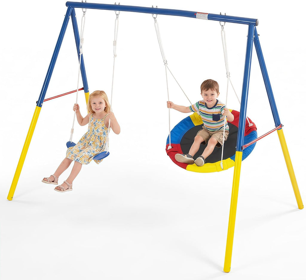 Swing Set for Backyard with Stand, Playground Swing Heavy Duty 440lbs Metal Outdoor Swing Stand, Contain 1 Saucer 32' & 1 Belt seat 26.2' - Backyard Playset
