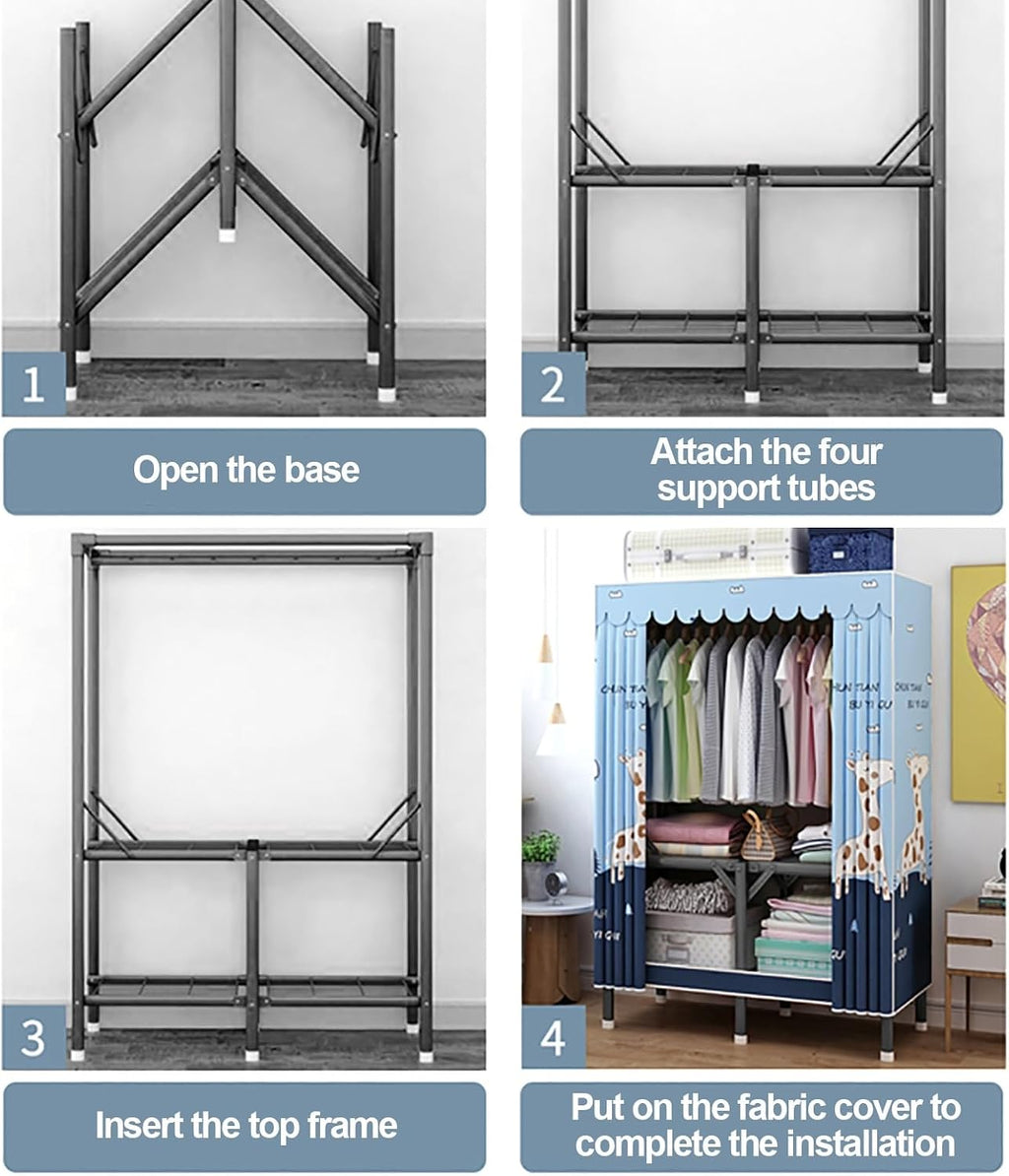 Portable Wardrobe Closet With Cover, Foldable Garment Rack With Hanging Rods, Metal Coat Storage Clothing Rack For Hanging Clothes, For Bedroom(Blue2,190cm/74.8inch)