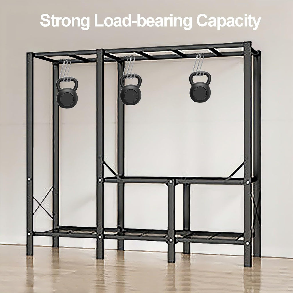 Foldable Closet With Cover,Heavy Duty Clothes Rack,Portable Wardrobe Closet For Hanging Clothing,Black Metal Garment Rack, Freestanding Covered Armoire Coat Storage(Plaid,160x48x172cm)