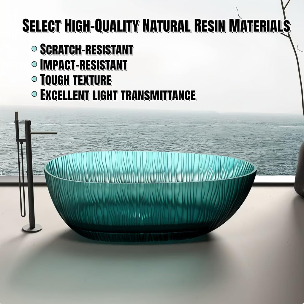 67' Edeyeu Freestanding Bathtub - Shaped Solid Surface Bathtub With Ripple Lines, Extra Deep Soaking Tub, Free Standing Stand Alone Tub With Heat Retention For Modern Bathroom Spa Desig Green A