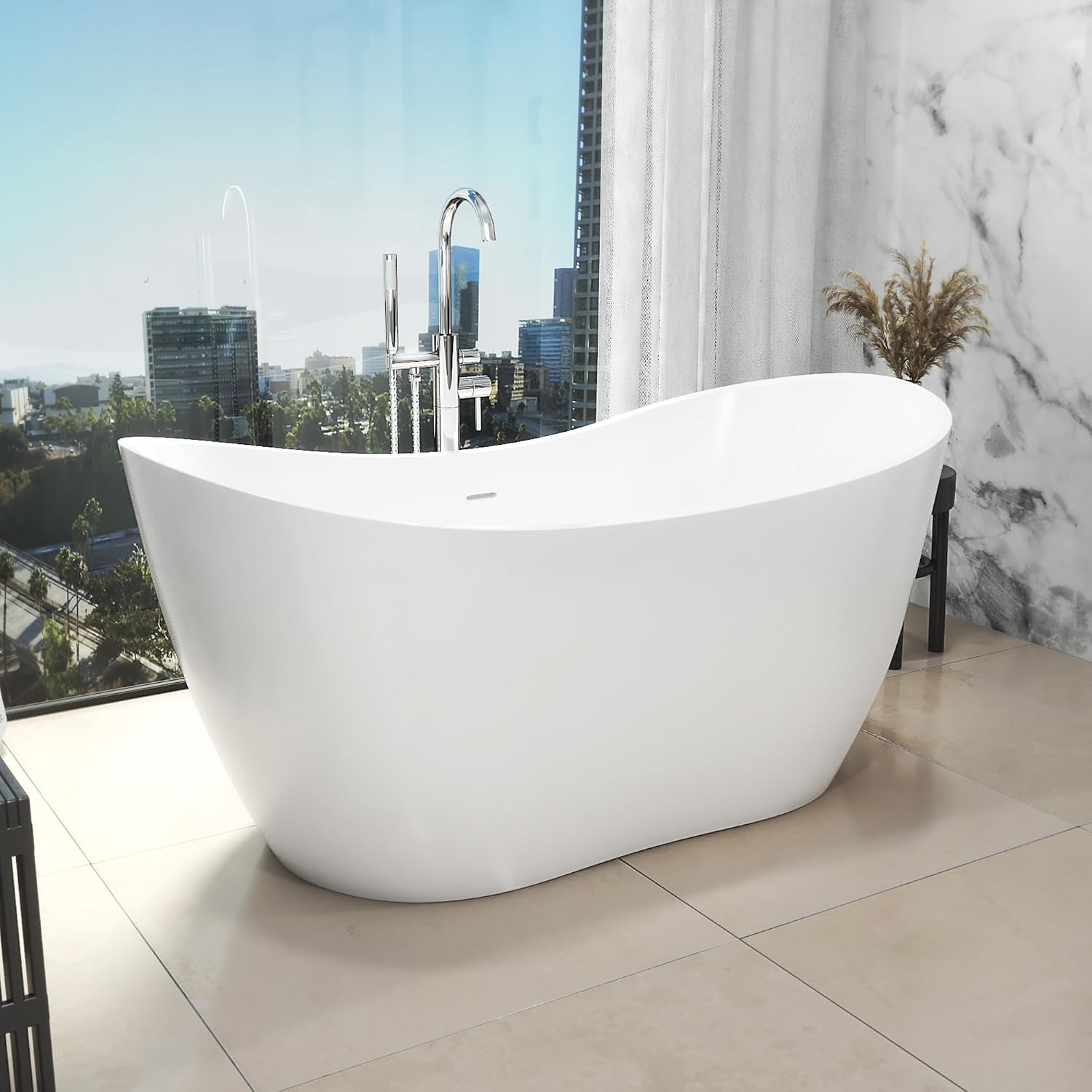 DreamLine Nile 63 inch L x 28 3/8 inch W x 28 3/8 inch H Freestanding Acrylic Bathtub with Brushed Nickel Drain