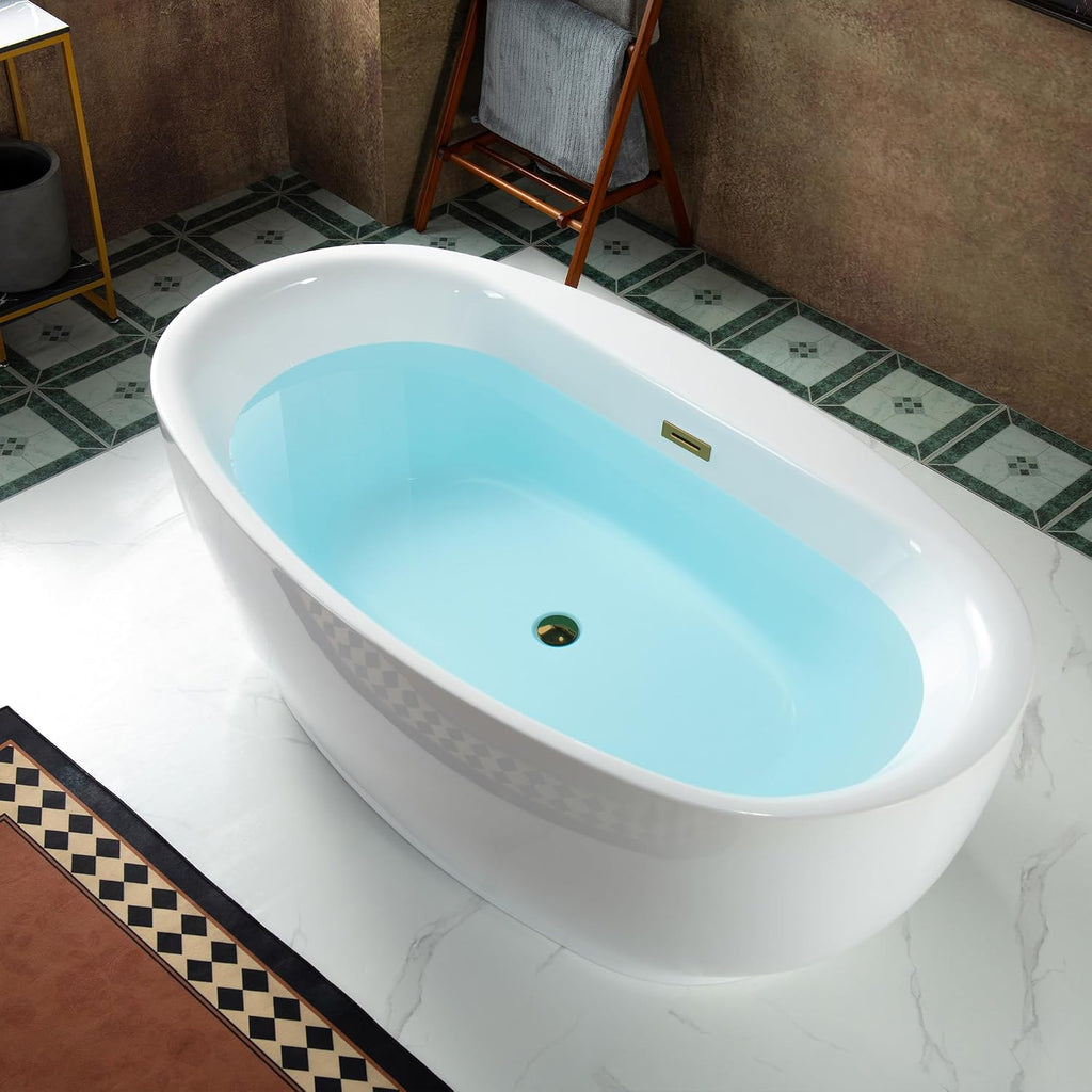 WOODBRIDGE 66' Acrylic Freestanding Bathtub Contemporary Soaking White Tub with Brushed Gold Overflow and Drain，B0027-BG