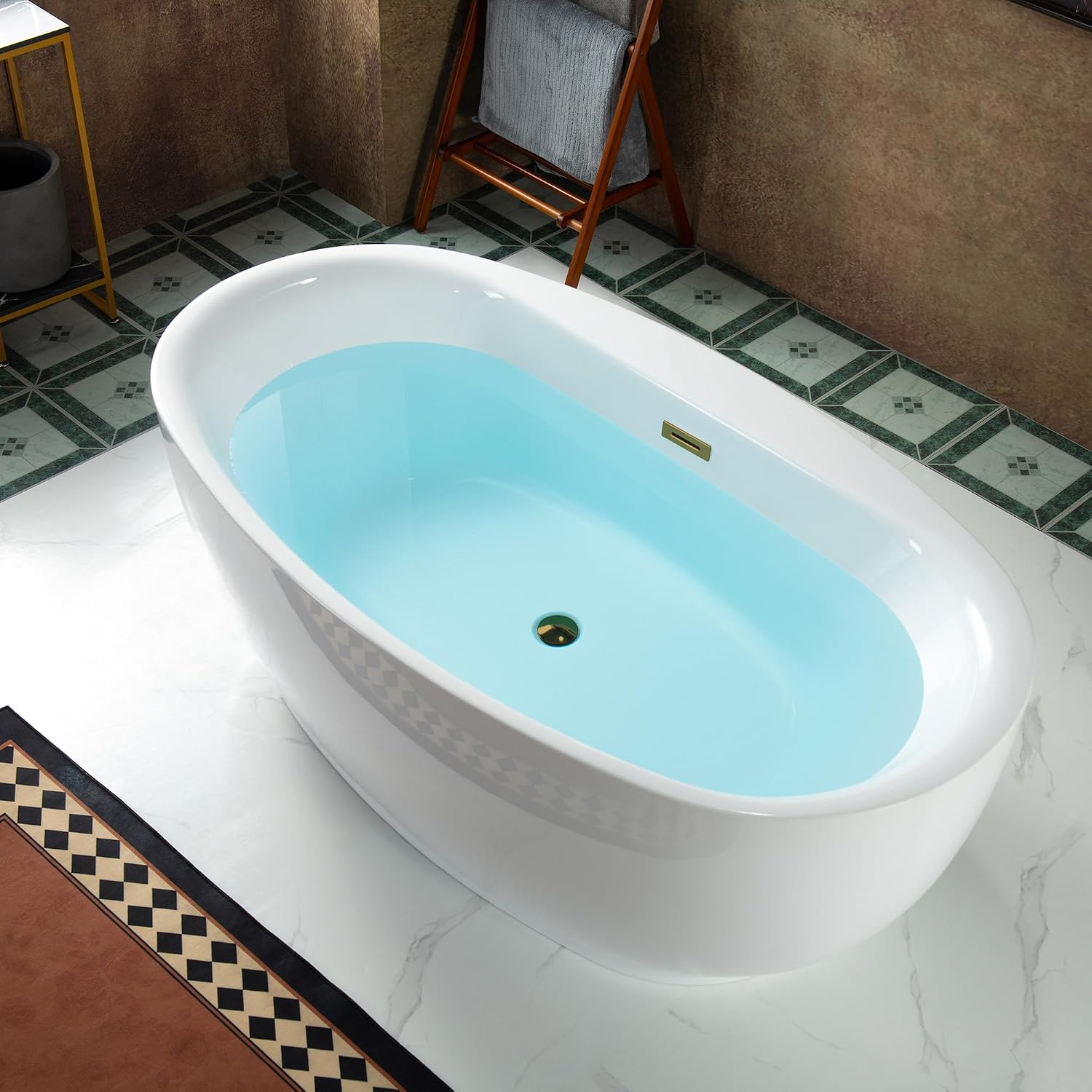 WOODBRIDGE 66' Acrylic Freestanding Bathtub Contemporary Soaking White Tub with Brushed Gold Overflow and Drain，B0027-BG