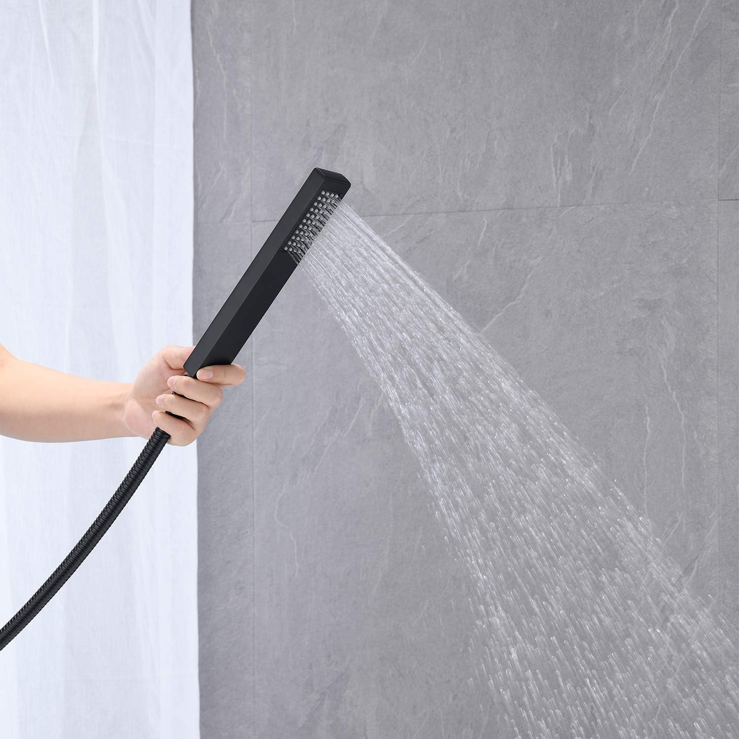 Wowkk Freestanding Bathtub Faucet Tub Filler Black Floor Mount Bathroom Faucets Brass Single Handle with Hand Shower