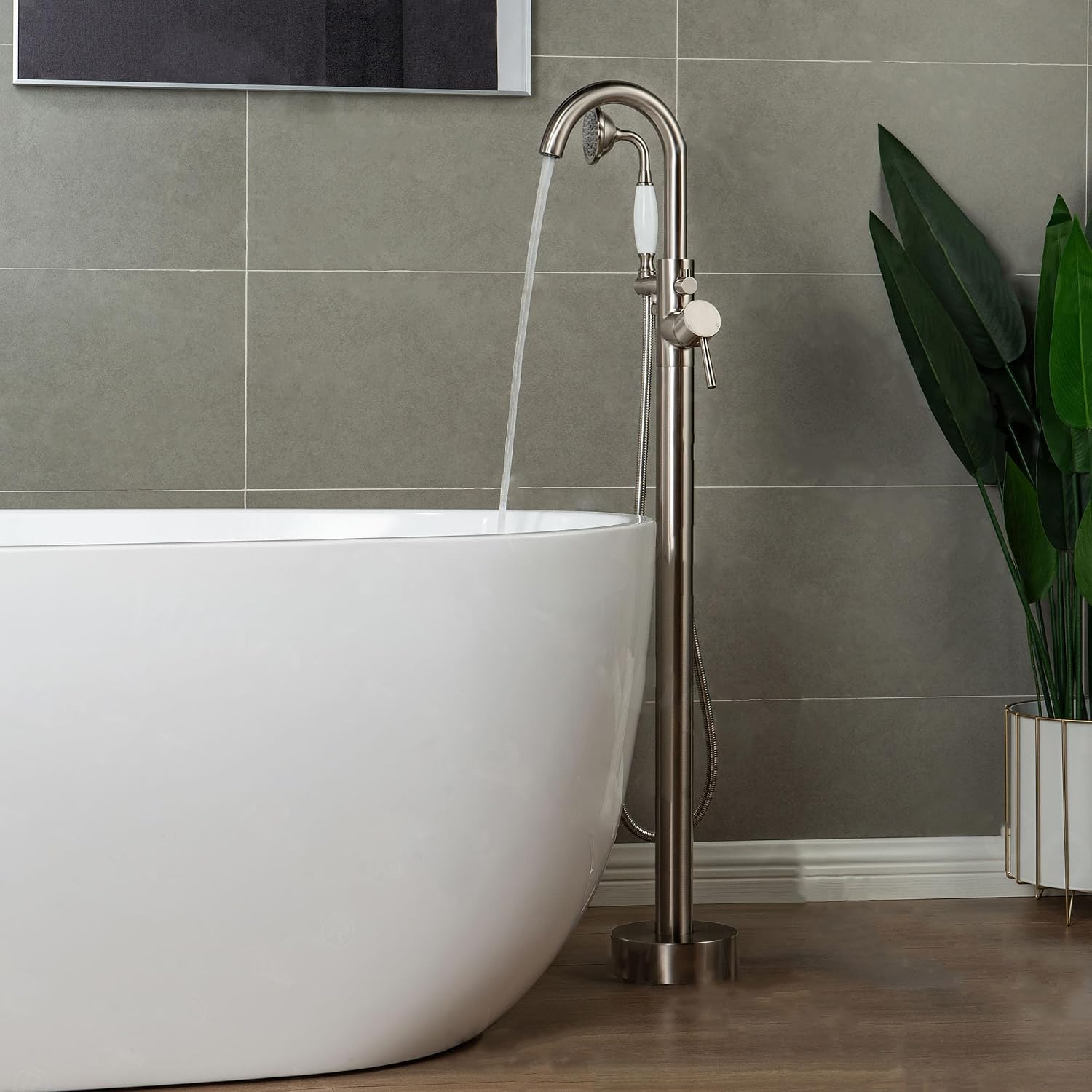 WOODBRIDGE F0001BNVT Fusion Single Handle Floor Mount Freestanding Tub Filler Faucet with Telephone Hand shower in Brushed Nickel Finish