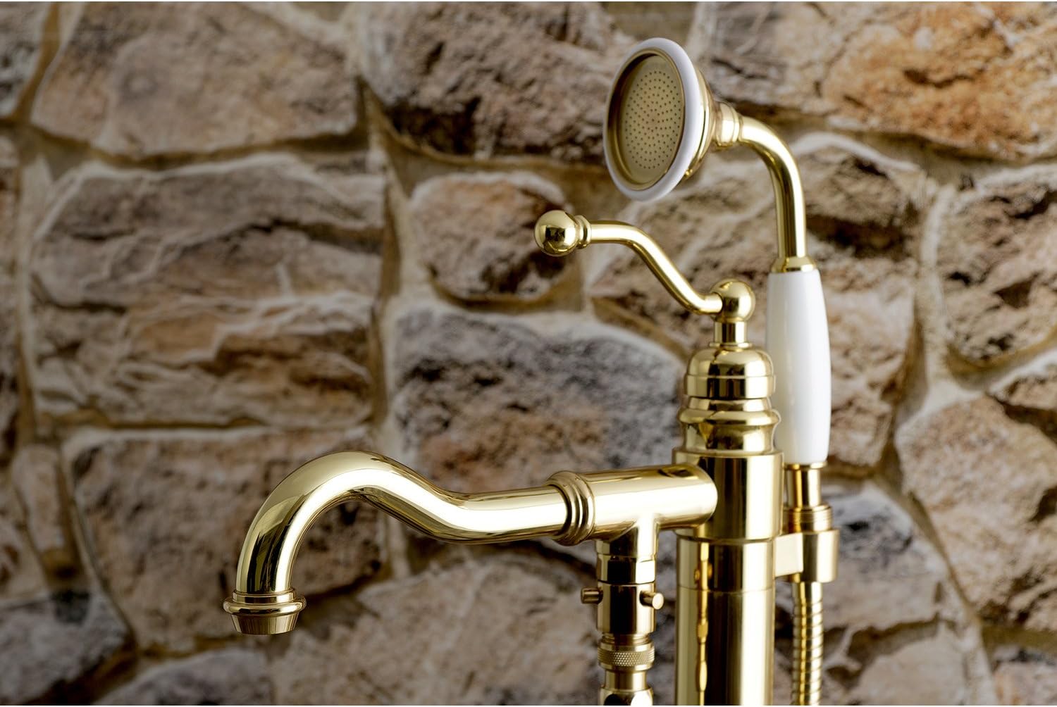 Kingston Brass KS7132ABL English Country Freestanding Tub Faucet with Hand Shower, Polished Brass