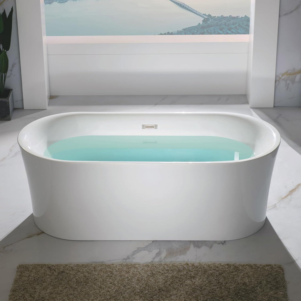 WOODBRIDGE 67' Acrylic Freestanding Bathtub Contemporary Soaking Tub with Brushed Nickel Overflow and Drain,White Tub,B0057-BN