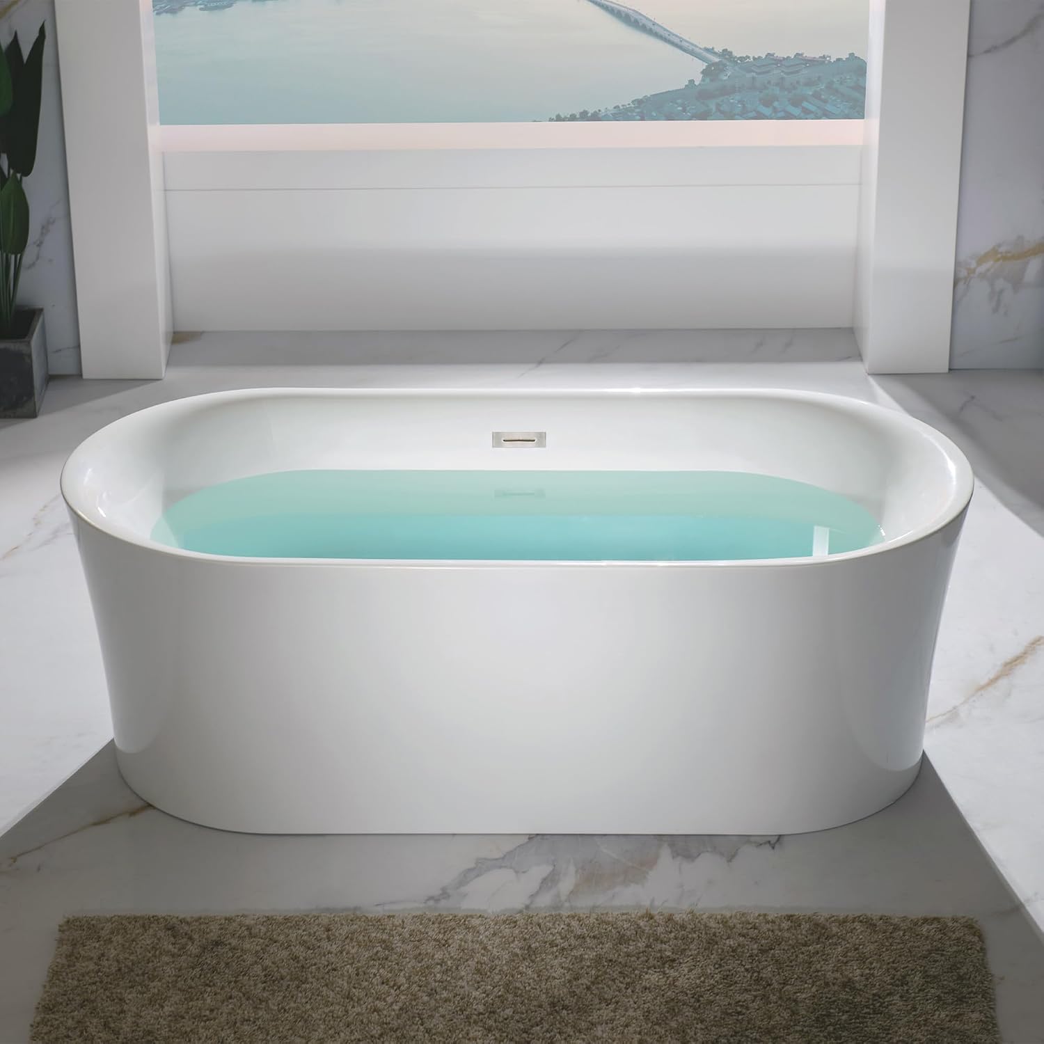 WOODBRIDGE 67' Acrylic Freestanding Bathtub Contemporary Soaking Tub with Brushed Nickel Overflow and Drain,White Tub,B0057-BN