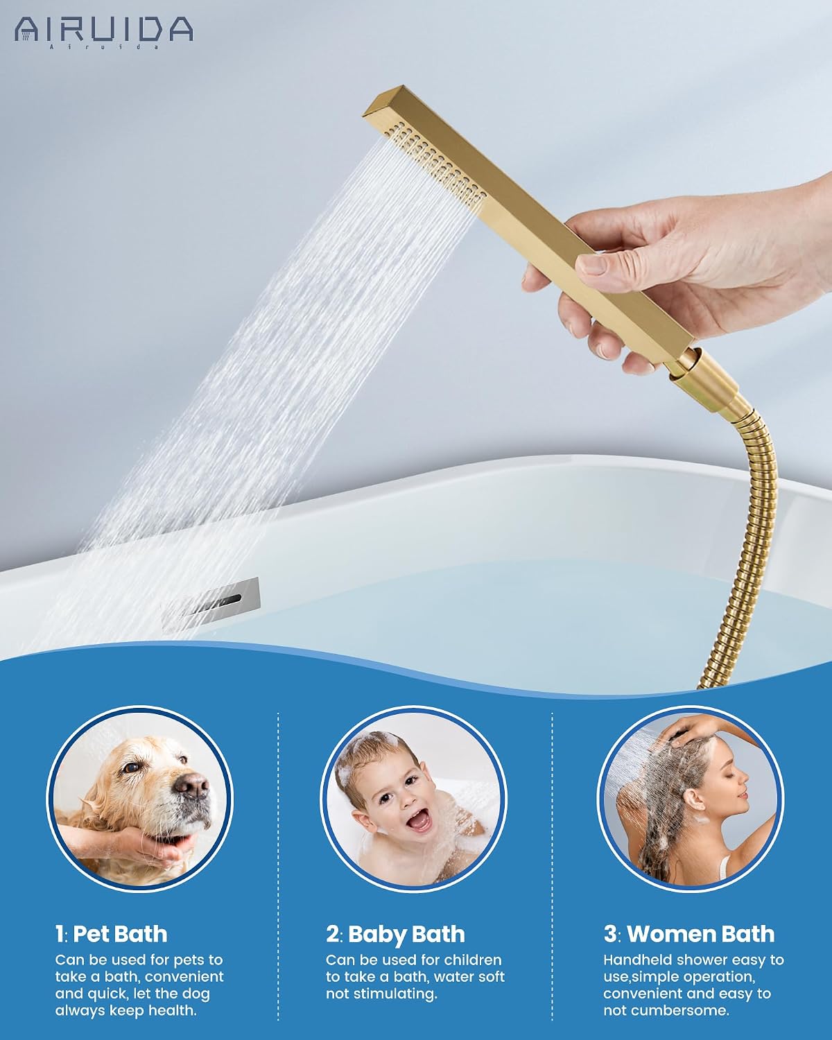Airuida Wall Mount Tub Faucet with Waterfall Tub Spout Wall Mounted Bathtub Faucet with Handheld Shower Single Handle Tub Filler Shower Faucet Set with Rough-in valve Straight Spout Brushed Gold