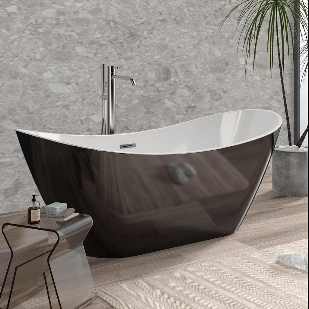 IDEALHOUSE 67' Acrylic Freestanding Bathtub Contemporary, Soaking Tub, CUPC Certified Stand Alone Tub with Non-Slip Base, Chrome Drain & Overflow, for Home Spa Relaxation(Black-Sky)
