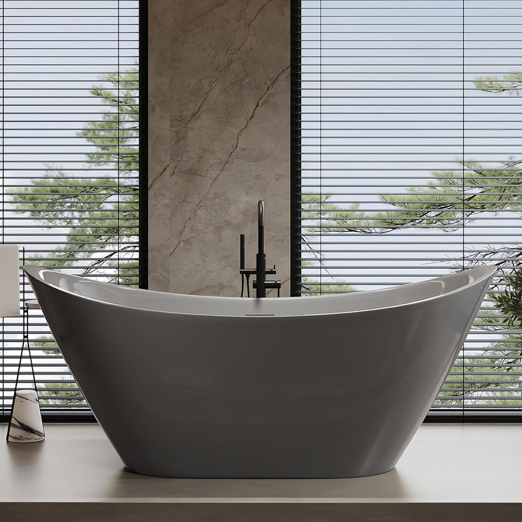 68' Edeyeu Stylish Freestanding Bathtub - Modern Soaker Tub With Double Backrest, Extra Deep Soaking Tub for Full Immersion Bathing, Ergonomically Designed Freestanding Bathtubs with Drain Gray