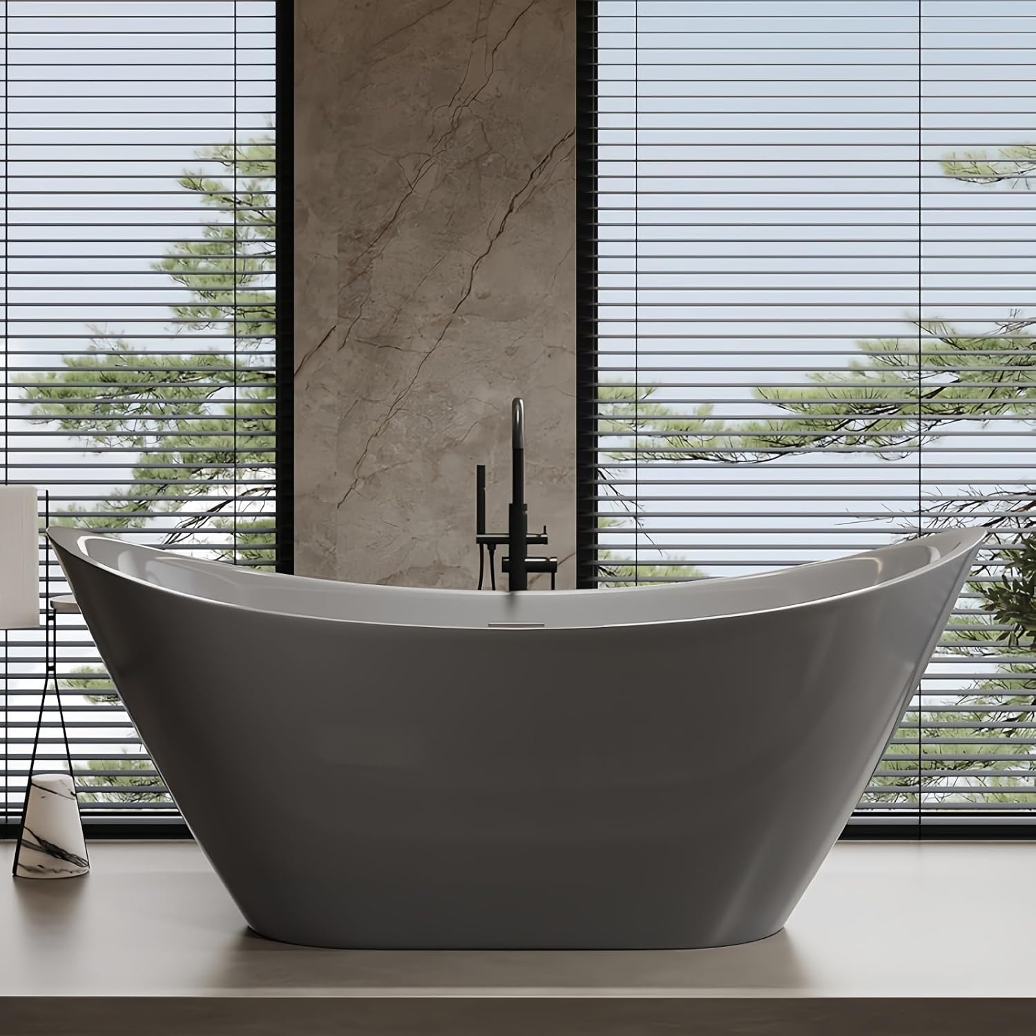 68' Edeyeu Stylish Freestanding Bathtub - Modern Soaker Tub With Double Backrest, Extra Deep Soaking Tub for Full Immersion Bathing, Ergonomically Designed Freestanding Bathtubs with Drain Gray