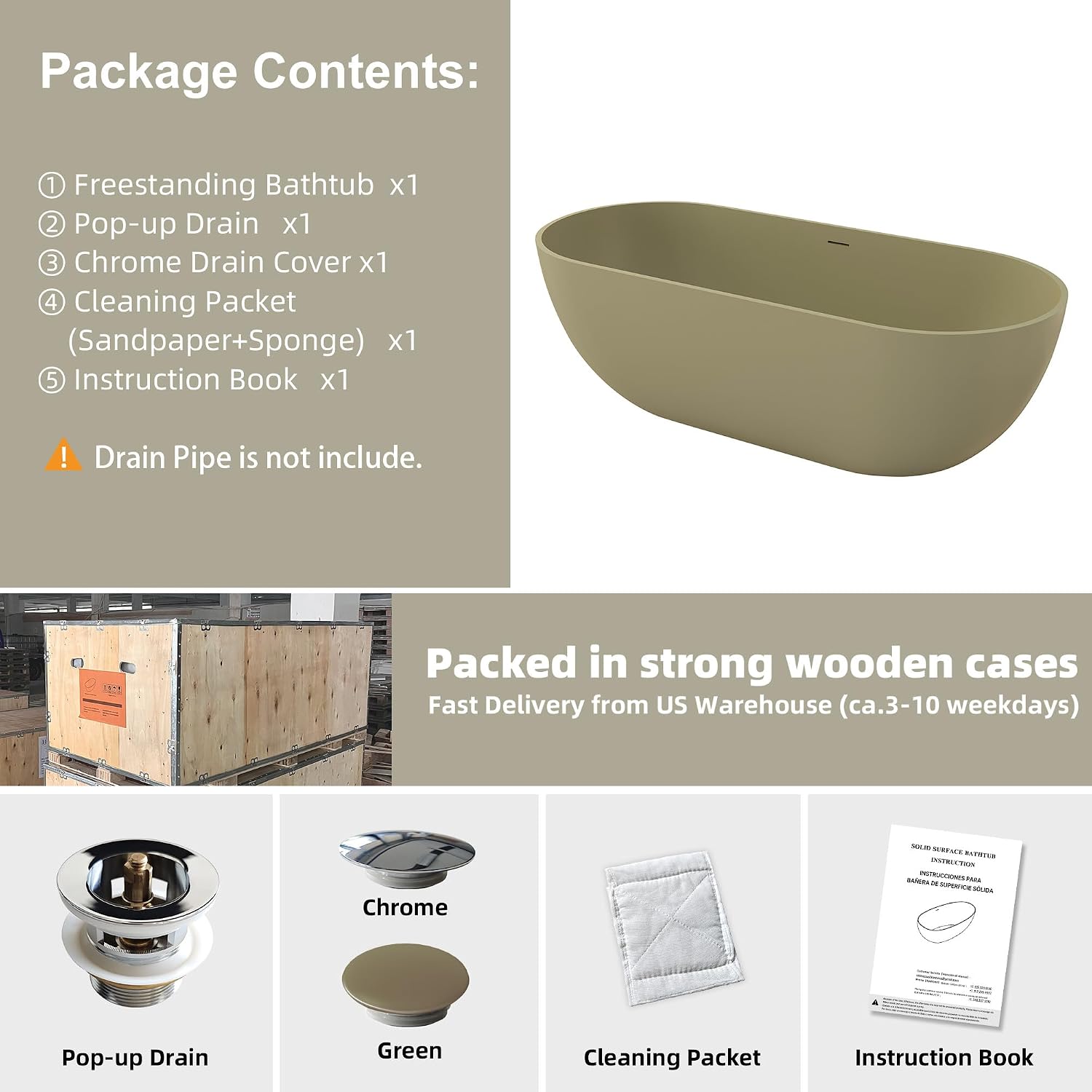 69'' Free Standing Tub, Stone Resin Freestanding Bathtub, Soaking Tubs with Overflow and Pop-up Drain