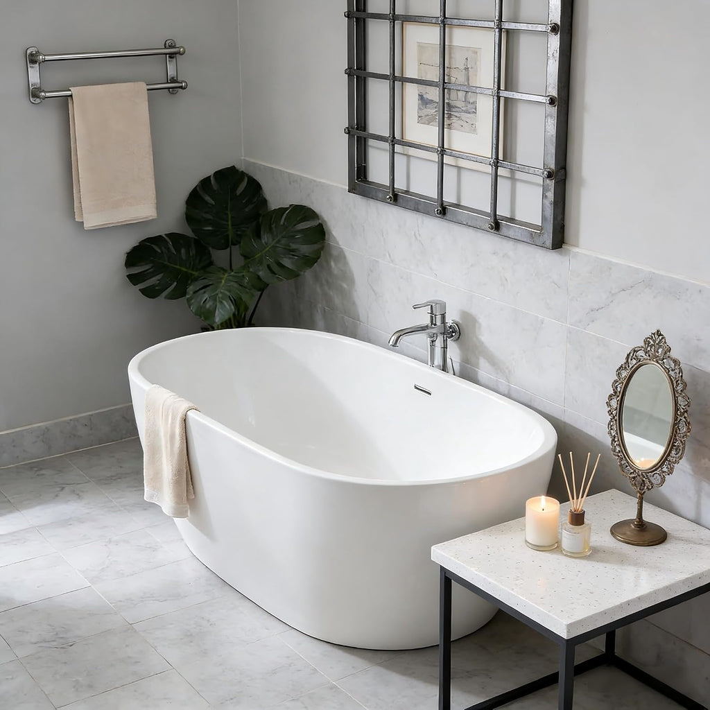 47 * 28 * 24 Inch Acrylic Freestanding Bathtub, Modern Soaking Bright White Bathtub, Equipped With Bright Silver Overflow And Bouncing Water Outlet