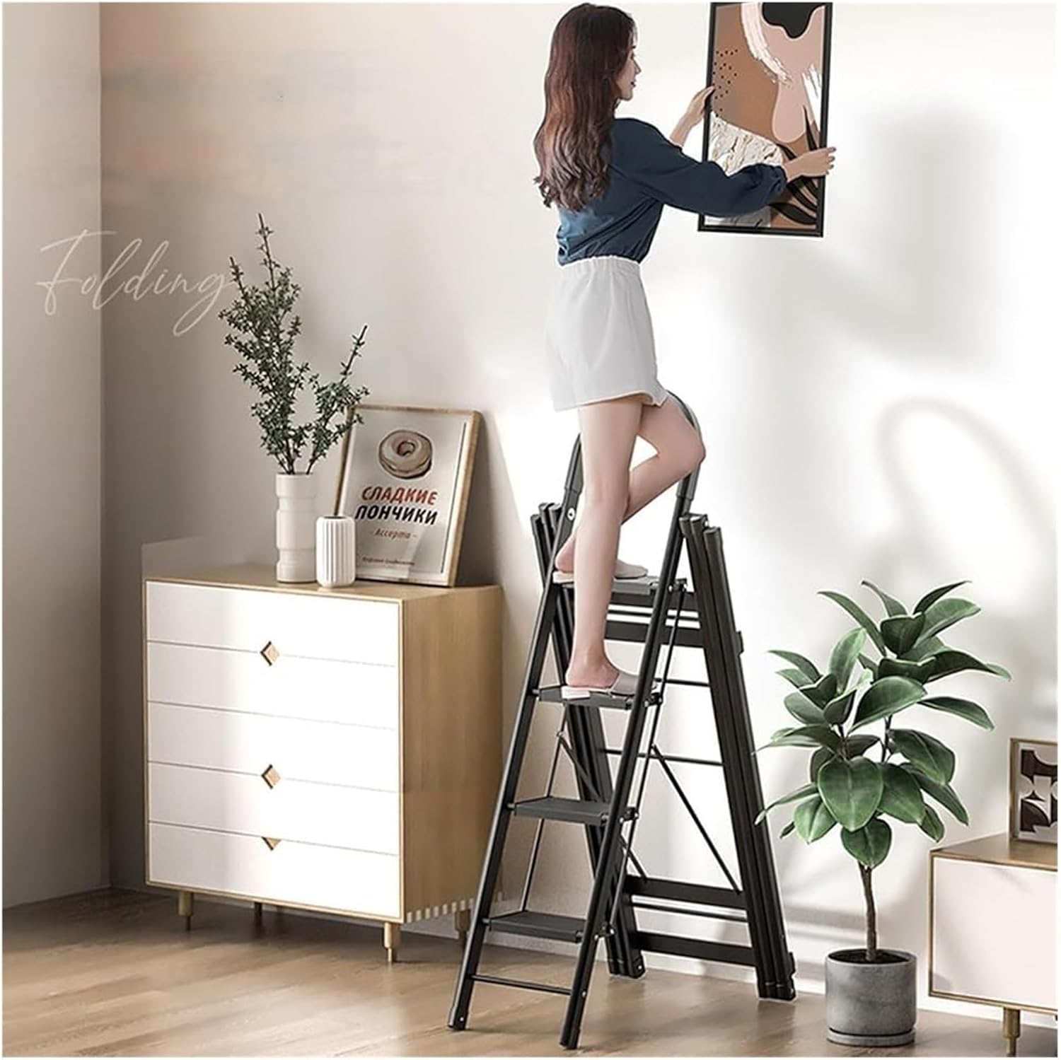 Foldable Drying Racks Garment Racks Free Standing Clothes Rack with Ladder Stretchable Metal Clothing Rack with Double Rod and Tool Tray for Dorm Bedroom Home Balcony(Gold)