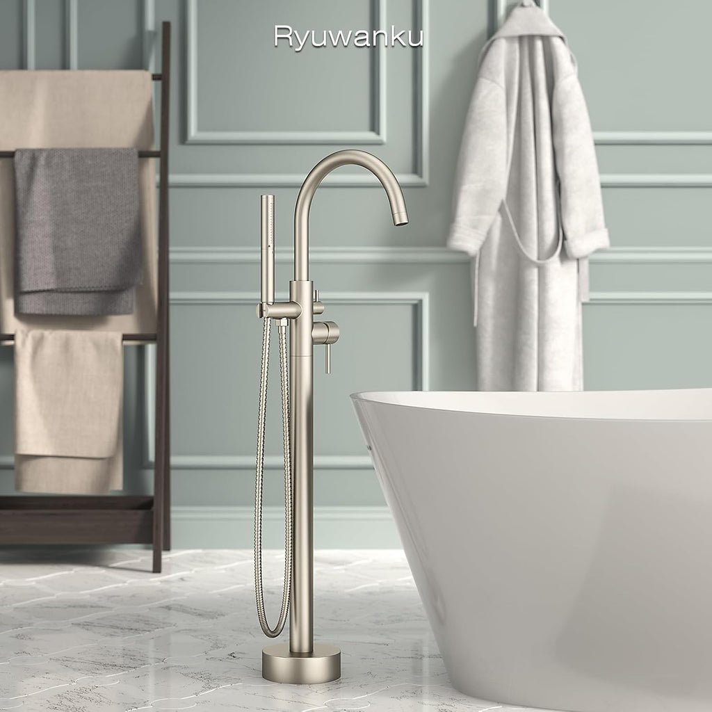 Freestanding Bathtub Faucet Brushed Nickel Tub Filler Floor Mount Free Standing Metal Bathroom Tub Gooseneck Spout with 2 Function Hand Shower