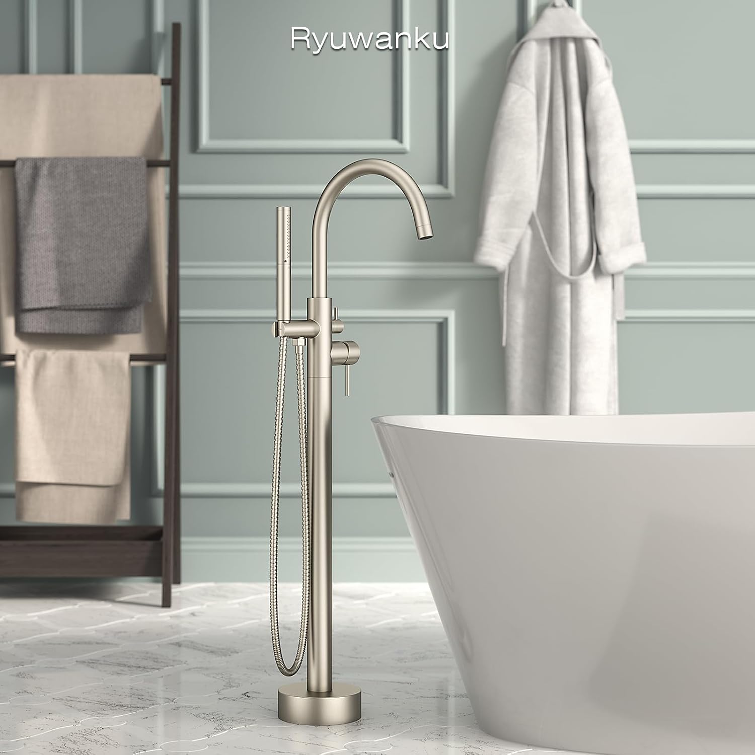 Freestanding Bathtub Faucet Brushed Nickel Tub Filler Floor Mount Free Standing Metal Bathroom Tub Gooseneck Spout with 2 Function Hand Shower
