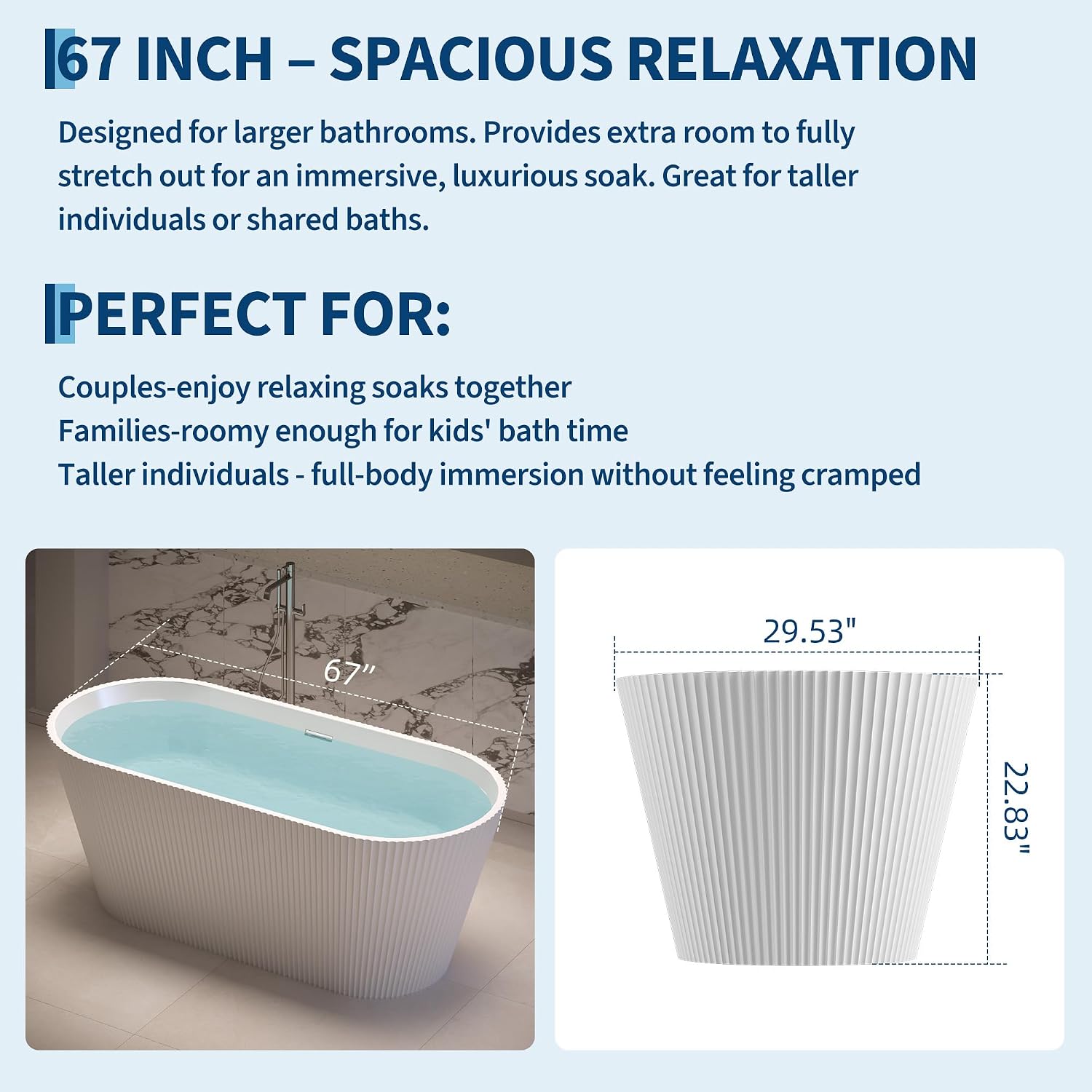 67 Inch Freestanding Acrylic Bathtub - Oval Vertical Striped Design, CUPC-Certified Bright White Soaking Tub with Chrome Drain, Overflow & Fiber-Reinforced Base, Easy Install for Modern Bathrooms