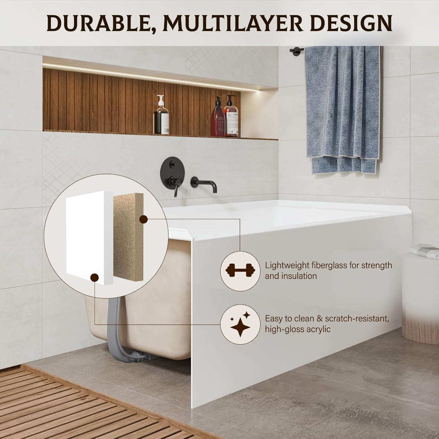 60' X 30' Acrylic Drop-in Bathtub, Glossy White Soaking Tub with Storage Ledge, Left Drain & Integral Flange