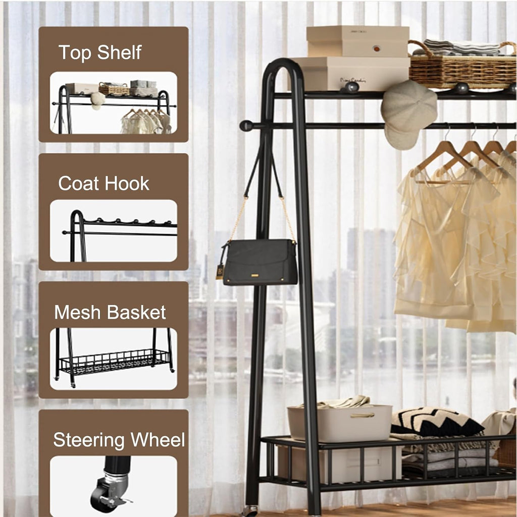 Clothing Rack for Hanging Clothes, Clothes Rack, Rolling Garment Rack, Clothing Rack with Bottom Mesh Storage Shelf, Freestanding Wardrobe Storage Rack Metal Clothing Rack(Black,80cm/31.5in)