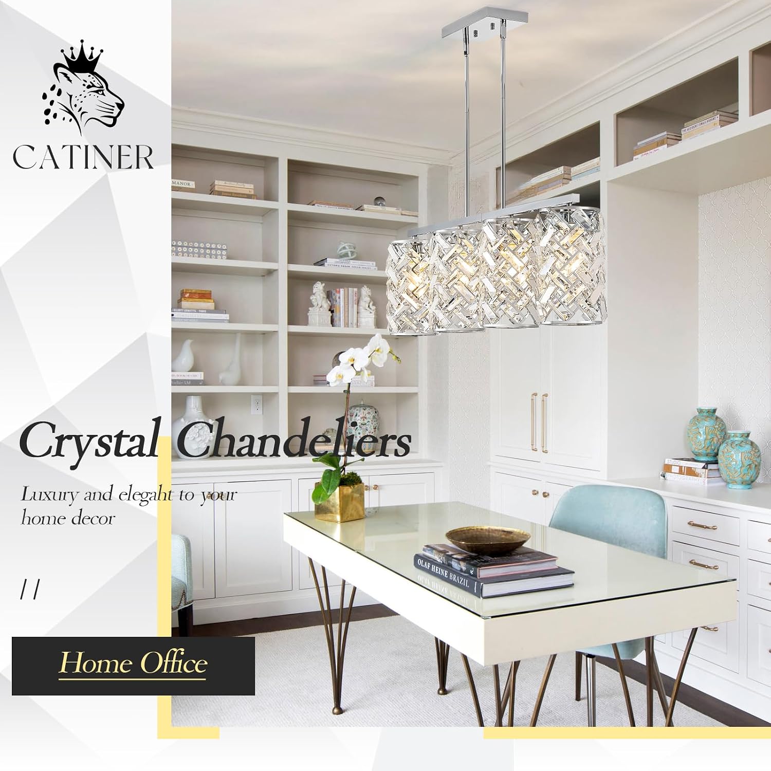 CATINER Chrome Crystal Kitchen Island Lighting 40' Modern Linear Chandelier, 4 Lights Polished Chrome Ceiling Pendant Light Fixture Over Table for Dining Room Living Room