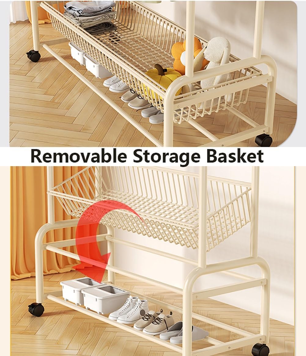 Double Garment Rack with Wheels, 100x45x170cm, Sturdy, Rolling Metal Clothes Rack with Shoe Shelf and Hooks for Closet