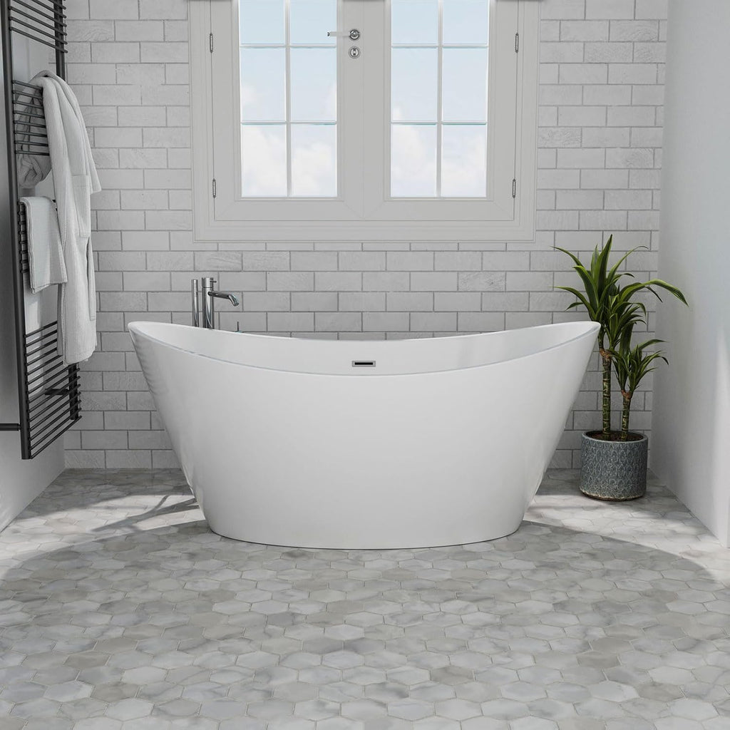 Empava Freestanding Bathtub,59 in Soaking Tub,Luxury Acrylic Stand Alone Tub Included Overflow and Drain for Bathroom, Glossy White,cUPC Certified