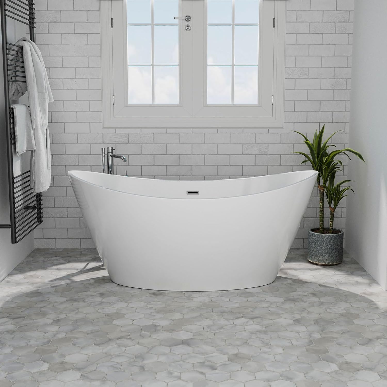 Empava Freestanding Bathtub,59 in Soaking Tub,Luxury Acrylic Stand Alone Tub Included Overflow and Drain for Bathroom, Glossy White,cUPC Certified