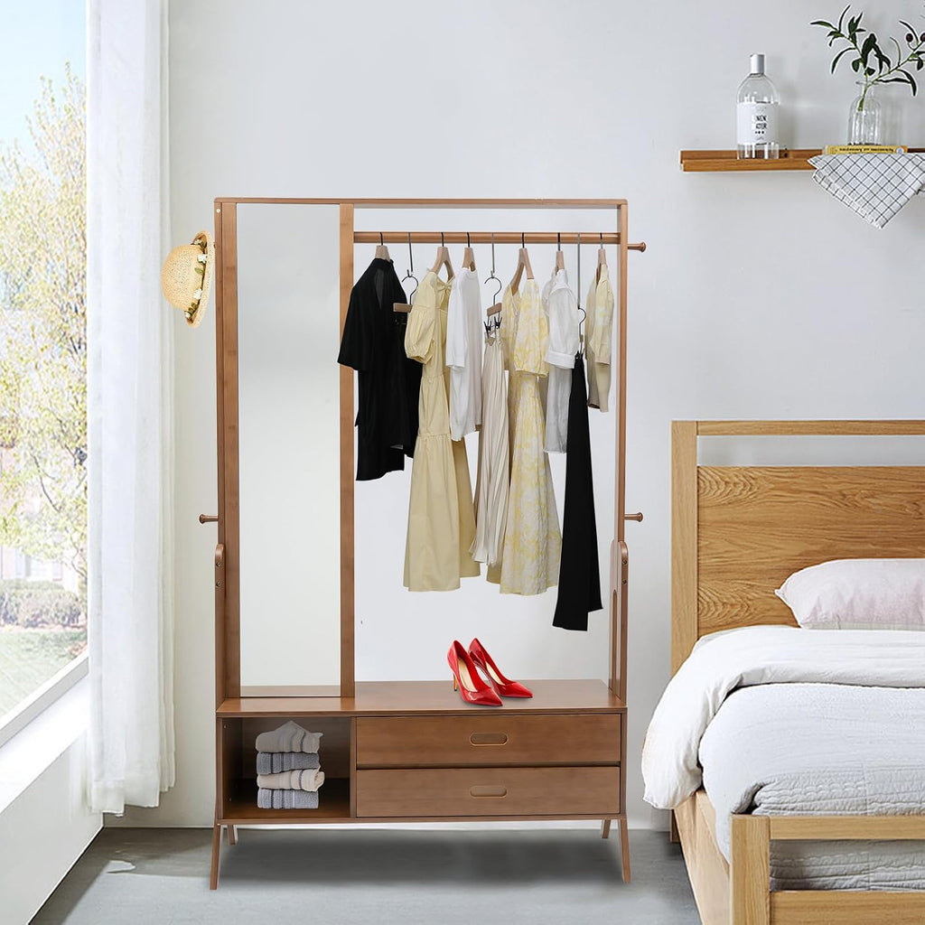 Bamboo Garment Rack with Mirror, Freestanding Wooden Closet Organizers with 2 Storage Drawers&Hooks, Vintage Coat Rack, Open Wardrobe for Entryway Bedroom Living Room